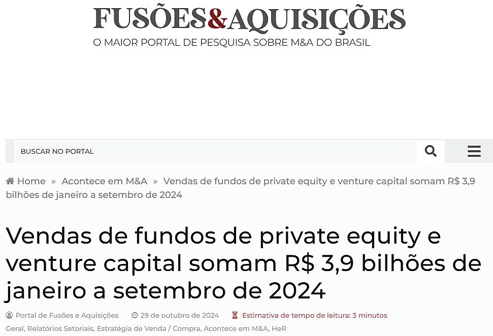 Vendas de fundos de private equity e venture capital somam R$ 3,9 bilhes de janeiro a setembro de 2024